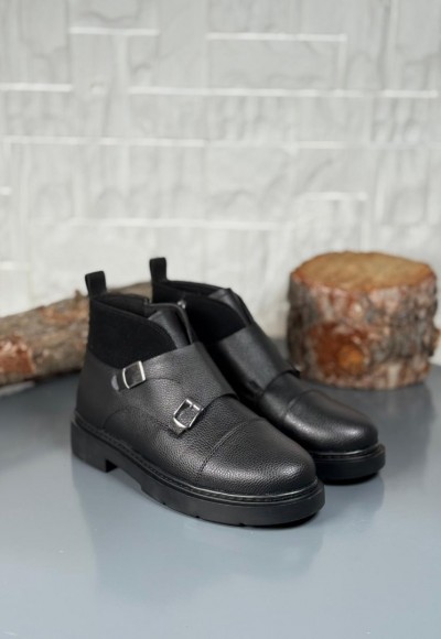 2025 SİYAH DERİ ÇİFT TOKALI EVA TABAN BOT - SİYAH ŞİRİNGIL DERİ