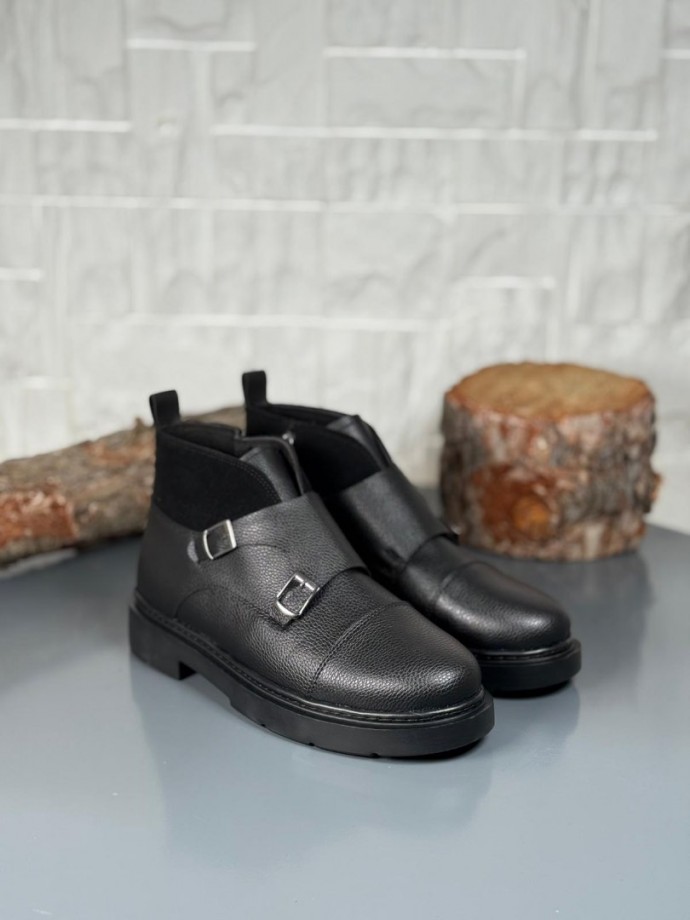 2025 SİYAH DERİ ÇİFT TOKALI EVA TABAN BOT - SİYAH ŞİRİNGIL DERİ