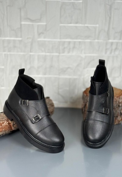 2025 SİYAH DERİ ÇİFT TOKALI EVA TABAN BOT - SİYAH ŞİRİNGIL DERİ