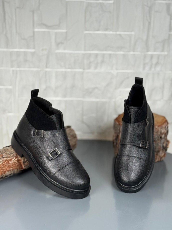 2025 SİYAH DERİ ÇİFT TOKALI EVA TABAN BOT - SİYAH ŞİRİNGIL DERİ