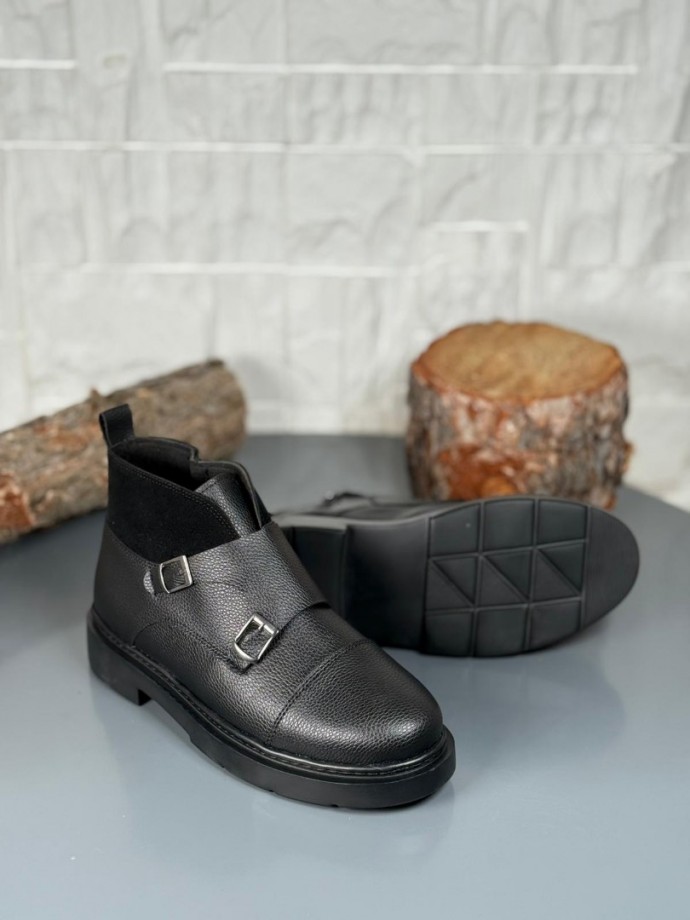 2025 SİYAH DERİ ÇİFT TOKALI EVA TABAN BOT - SİYAH ŞİRİNGIL DERİ