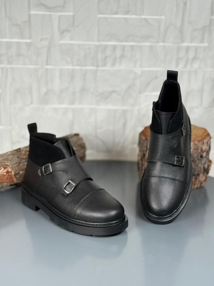 2025 SİYAH DERİ ÇİFT TOKALI EVA TABAN BOT - SİYAH ŞİRİNGIL DERİ