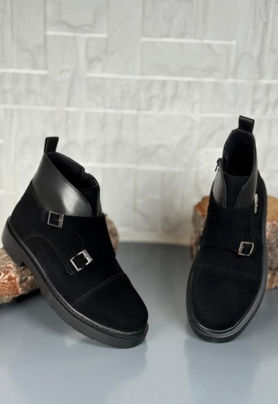 2025 SİYAH DERİ ÇİFT TOKALI EVA TABAN BOT - SİYAH SÜET