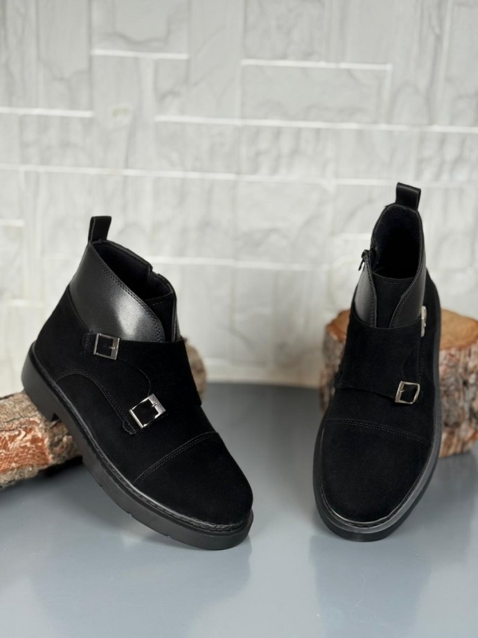 2025 SİYAH DERİ ÇİFT TOKALI EVA TABAN BOT - SİYAH SÜET