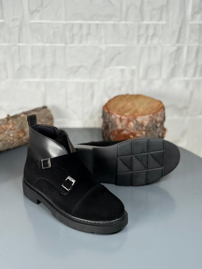 2025 SİYAH DERİ ÇİFT TOKALI EVA TABAN BOT - SİYAH SÜET
