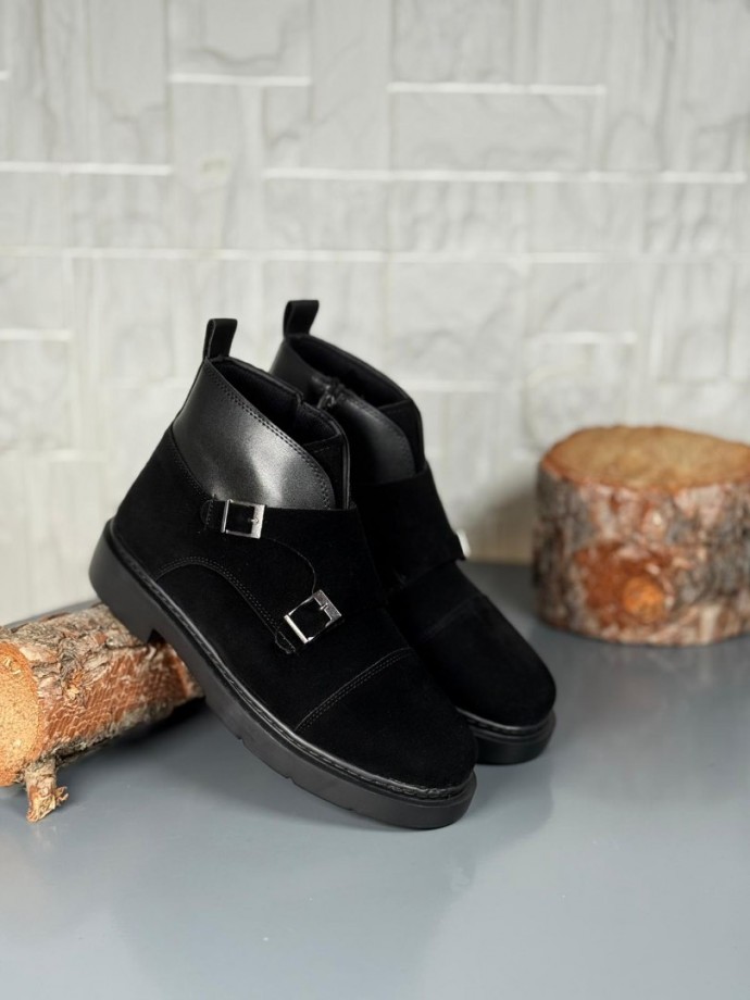 2025 SİYAH DERİ ÇİFT TOKALI EVA TABAN BOT - SİYAH SÜET