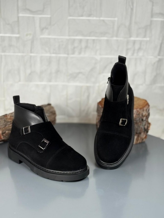 2025 SİYAH DERİ ÇİFT TOKALI EVA TABAN BOT - SİYAH SÜET