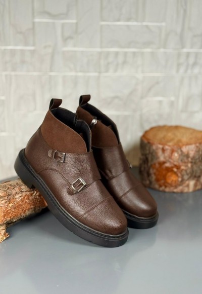 2025 SİYAH DERİ ÇİFT TOKALI EVA TABAN BOT - SİKAHVERENGİ ŞİRİNGIL DERİ