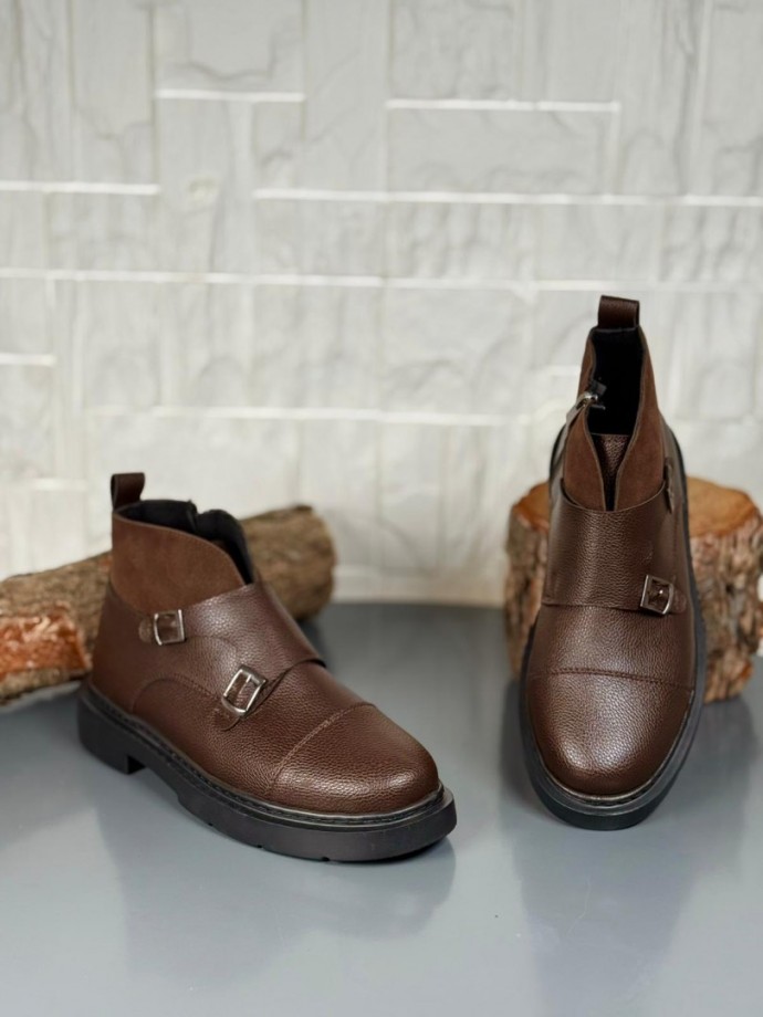 2025 SİYAH DERİ ÇİFT TOKALI EVA TABAN BOT - SİKAHVERENGİ ŞİRİNGIL DERİ