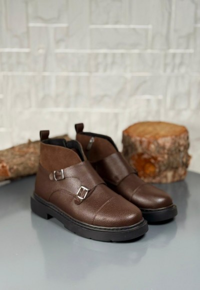 2025 SİYAH DERİ ÇİFT TOKALI EVA TABAN BOT - SİKAHVERENGİ ŞİRİNGIL DERİ