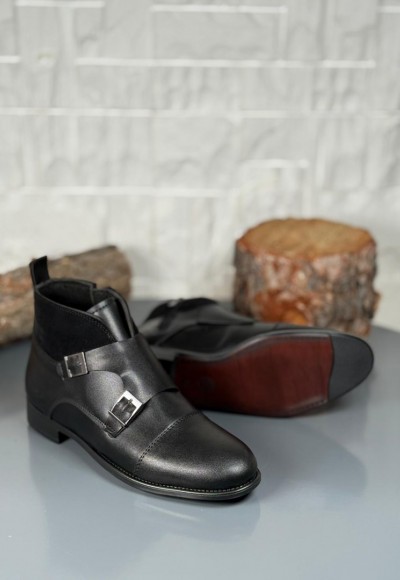 2025 KLASİK SİYAH DERİ ÇİFT TOKALI BOT - SİYAH MAT DERİ