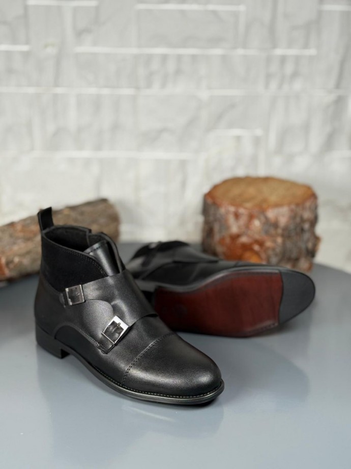 2025 KLASİK SİYAH DERİ ÇİFT TOKALI BOT - SİYAH MAT DERİ