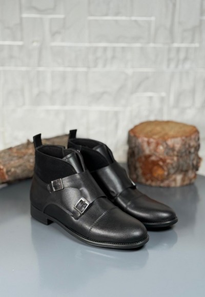 2025 KLASİK SİYAH DERİ ÇİFT TOKALI BOT - SİYAH MAT DERİ