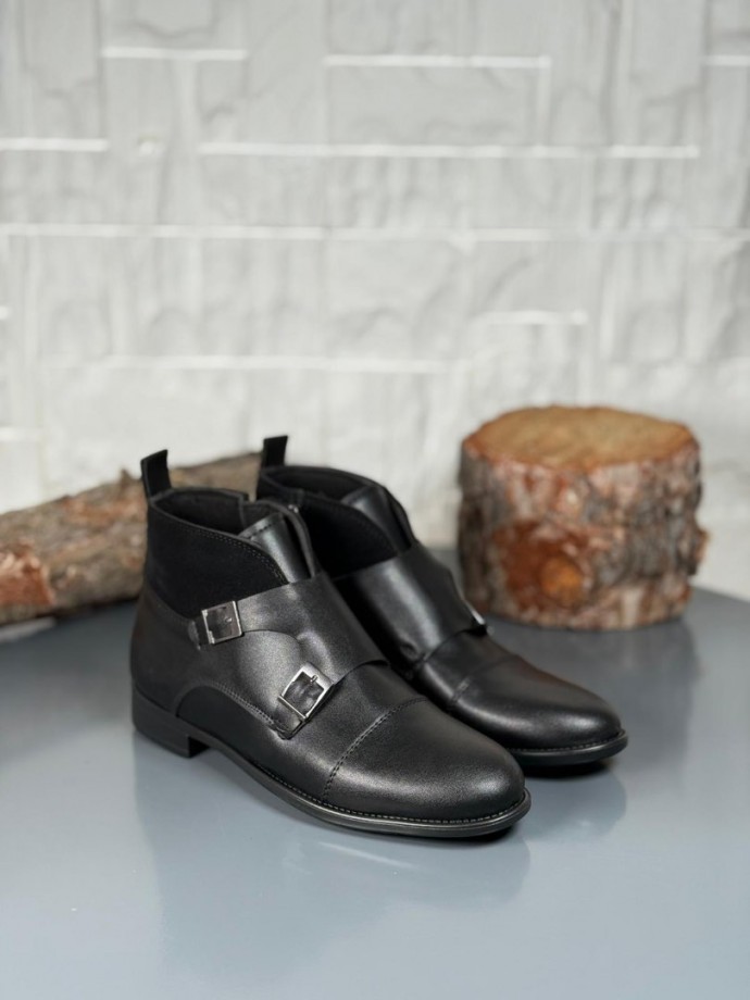 2025 KLASİK SİYAH DERİ ÇİFT TOKALI BOT - SİYAH MAT DERİ