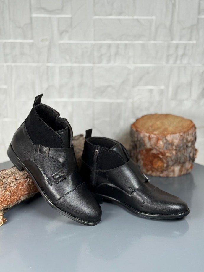 2025 KLASİK SİYAH DERİ ÇİFT TOKALI BOT - SİYAH MAT DERİ