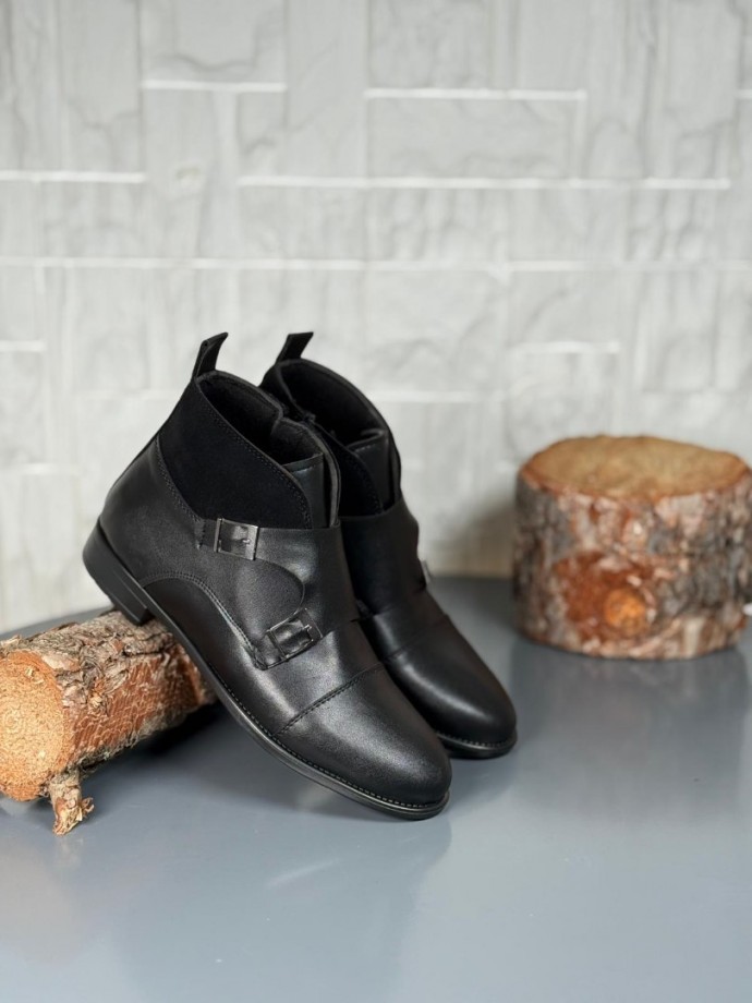 2025 KLASİK SİYAH DERİ ÇİFT TOKALI BOT - SİYAH MAT DERİ