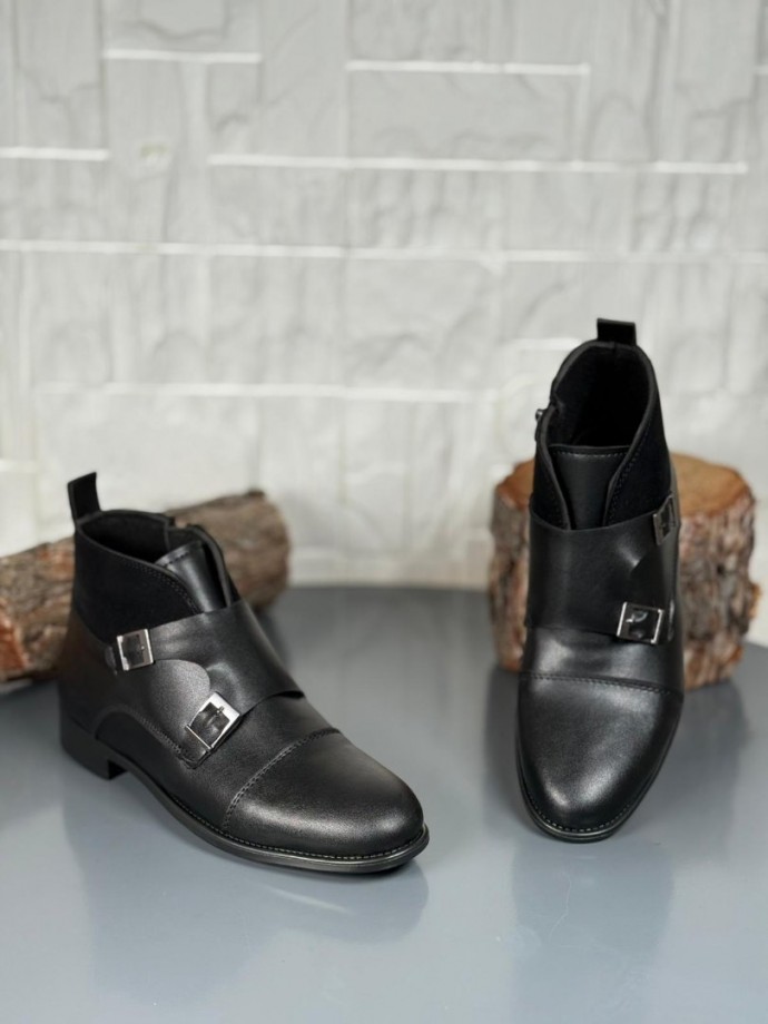 2025 KLASİK SİYAH DERİ ÇİFT TOKALI BOT - SİYAH MAT DERİ