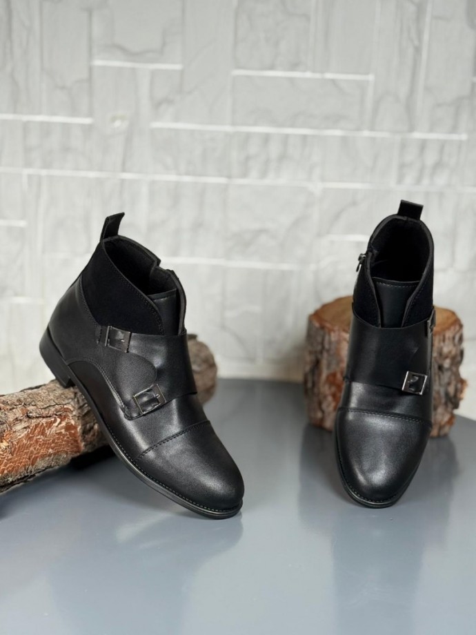 2025 KLASİK SİYAH DERİ ÇİFT TOKALI BOT - SİYAH MAT DERİ
