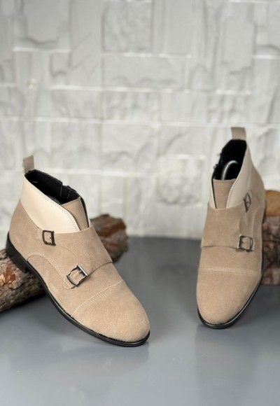 2025 KLASİK BEJ SÜET ÇİFT TOKALI BOT - BEJ SÜET