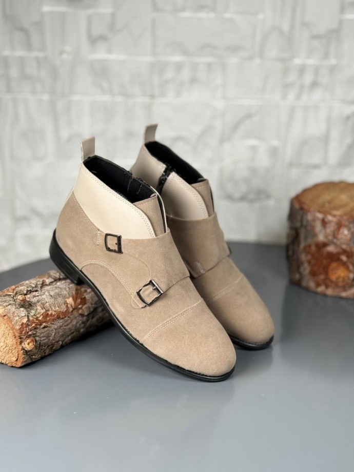 2025 KLASİK BEJ SÜET ÇİFT TOKALI BOT - BEJ SÜET