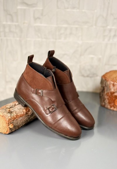 2025 KLASİK KAHVERENGİ DERİ ÇİFT TOKALI BOT - KAHVERENGİ DERİ