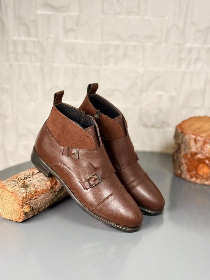 2025 KLASİK KAHVERENGİ DERİ ÇİFT TOKALI BOT - KAHVERENGİ DERİ