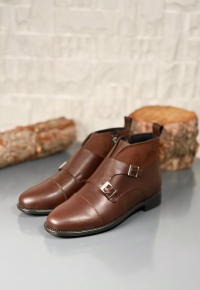 2025 KLASİK KAHVERENGİ DERİ ÇİFT TOKALI BOT - KAHVERENGİ DERİ