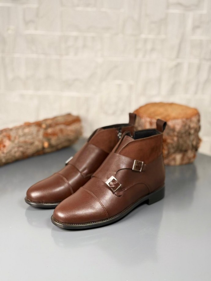 2025 KLASİK KAHVERENGİ DERİ ÇİFT TOKALI BOT - KAHVERENGİ DERİ