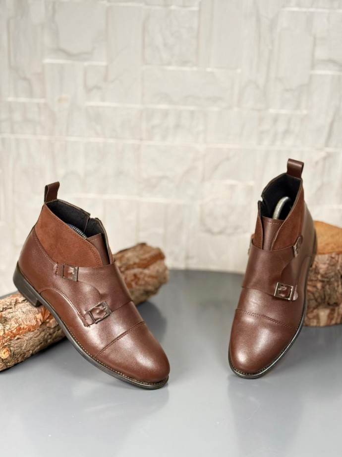 2025 KLASİK KAHVERENGİ DERİ ÇİFT TOKALI BOT - KAHVERENGİ DERİ