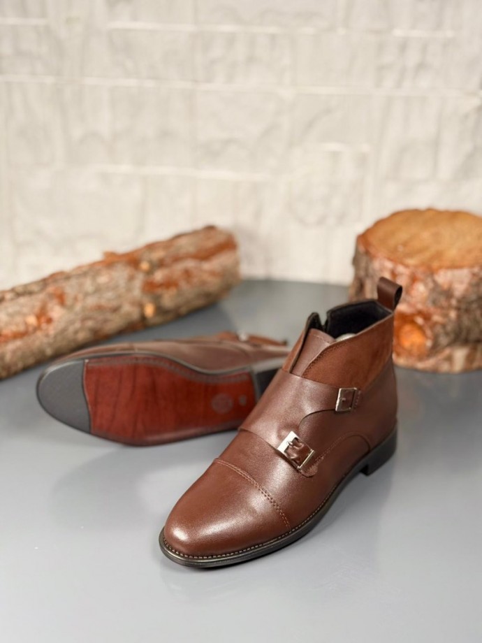 2025 KLASİK KAHVERENGİ DERİ ÇİFT TOKALI BOT - KAHVERENGİ DERİ