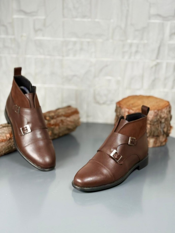 2025 KLASİK KAHVERENGİ DERİ ÇİFT TOKALI BOT - KAHVERENGİ DERİ