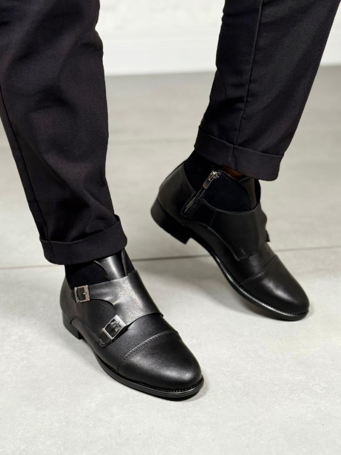 2025 KLASİK SİYAH DERİ ÇİFT TOKALI BOT - SİYAH MAT DERİ