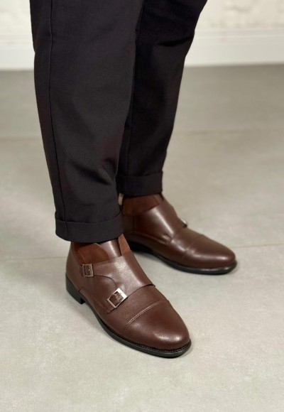 2025 KLASİK KAHVERENGİ DERİ ÇİFT TOKALI BOT - KAHVERENGİ DERİ 