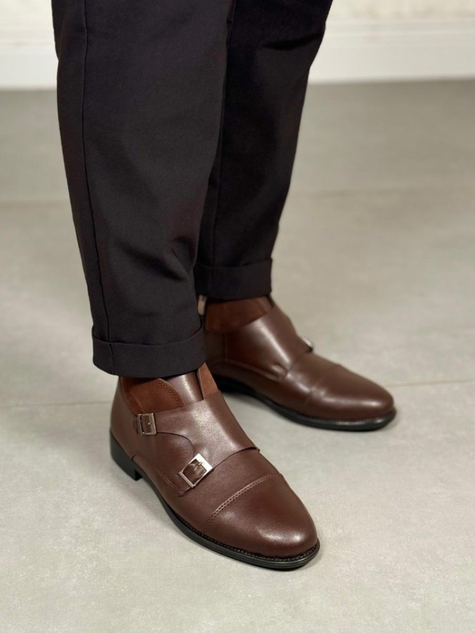 2025 KLASİK KAHVERENGİ DERİ ÇİFT TOKALI BOT - KAHVERENGİ DERİ 