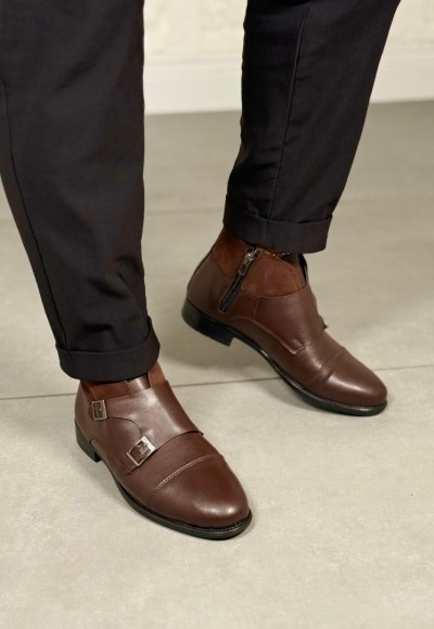 2025 KLASİK KAHVERENGİ DERİ ÇİFT TOKALI BOT - KAHVERENGİ DERİ 