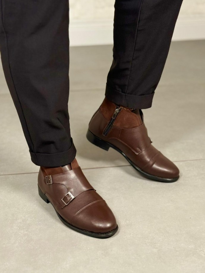 2025 KLASİK KAHVERENGİ DERİ ÇİFT TOKALI BOT - KAHVERENGİ DERİ 