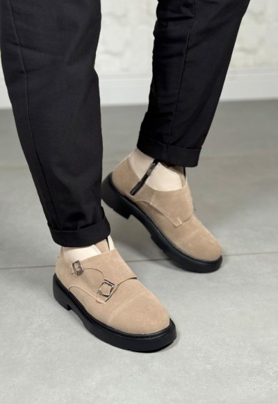 2025 KUM BEJİ DERİ EVA ÇİFT TOKALI BOT - KUM BEJİ SÜET DERİ