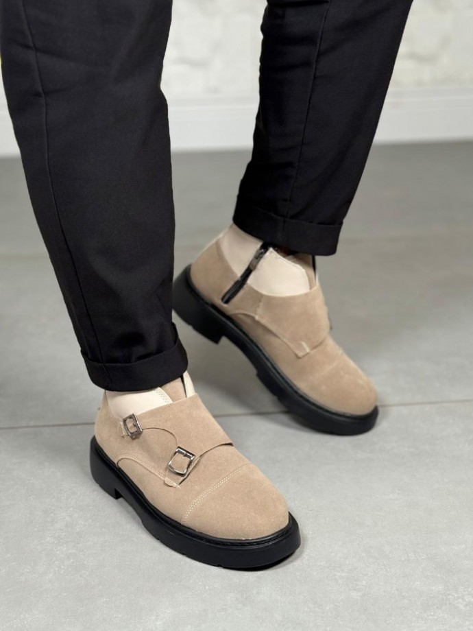 2025 KUM BEJİ DERİ EVA ÇİFT TOKALI BOT - KUM BEJİ SÜET DERİ