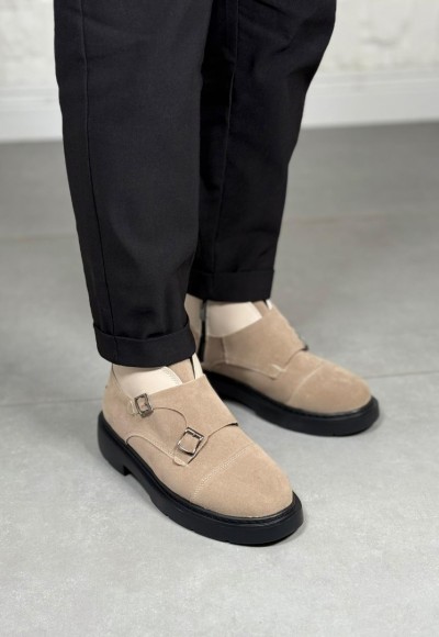 2025 KUM BEJİ DERİ EVA ÇİFT TOKALI BOT - KUM BEJİ SÜET DERİ