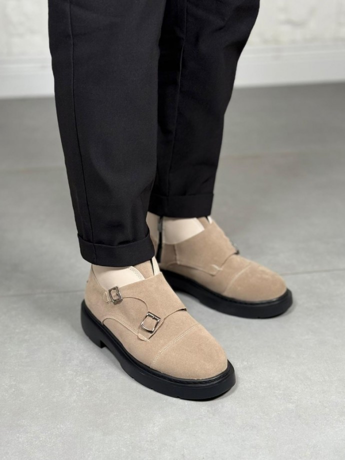 2025 KUM BEJİ DERİ EVA ÇİFT TOKALI BOT - KUM BEJİ SÜET DERİ