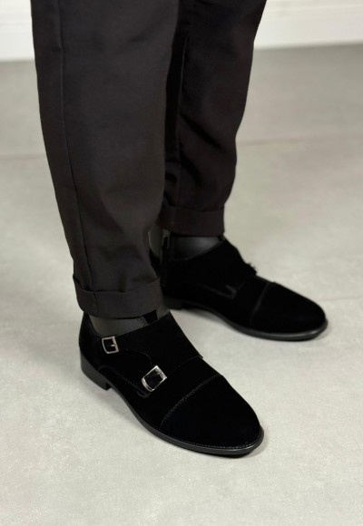 2025 KLASİK SİYAH SÜET DERİ ÇİFT TOKALI BOT - SİYAH SÜET BOT