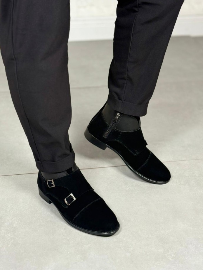 2025 KLASİK SİYAH SÜET DERİ ÇİFT TOKALI BOT - SİYAH SÜET BOT