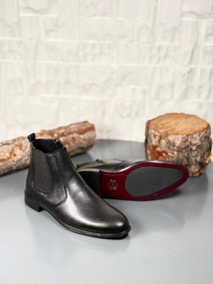 2025 KLASİK İTALYAN BANDAJLI SİYAH DERİ BOT - SİYAH MAT DERİ BOT