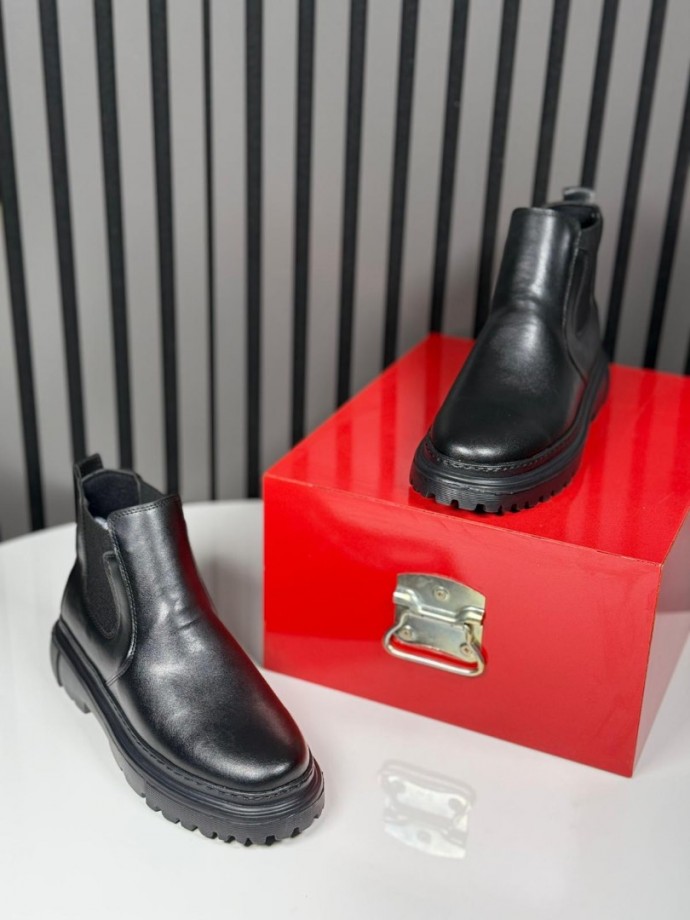 2025 CHELSEA İTALYAN SİYAH DERİ BANDAJLI EVA BOT - SİYAH DERİ BOT