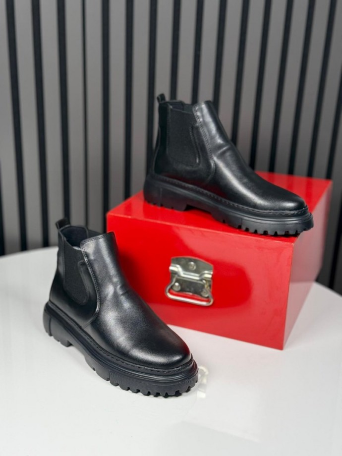 2025 CHELSEA İTALYAN SİYAH DERİ BANDAJLI EVA BOT - SİYAH DERİ BOT