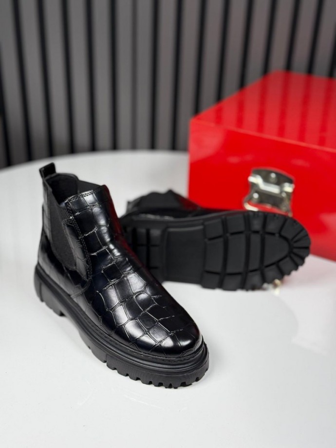 2025 CHELSEA İTALYAN SİYAH KORKAK DERİ BANDAJLI EVA BOT - SİYAH KROKAN DERİ  BOT