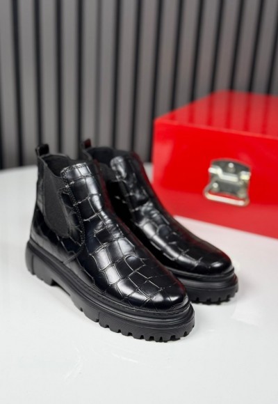 2025 CHELSEA İTALYAN SİYAH KORKAK DERİ BANDAJLI EVA BOT - SİYAH KROKAN DERİ  BOT