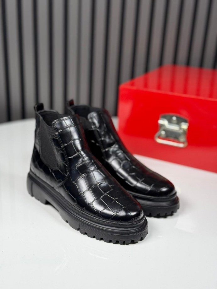 2025 CHELSEA İTALYAN SİYAH KORKAK DERİ BANDAJLI EVA BOT - SİYAH KROKAN DERİ  BOT