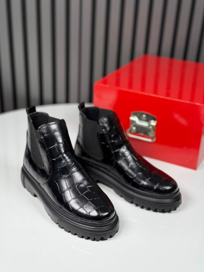 2025 CHELSEA İTALYAN SİYAH KORKAK DERİ BANDAJLI EVA BOT - SİYAH KROKAN DERİ  BOT