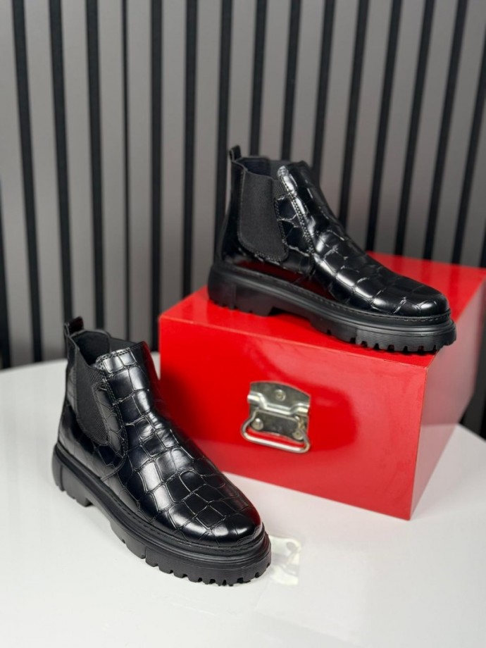 2025 CHELSEA İTALYAN SİYAH KORKAK DERİ BANDAJLI EVA BOT - SİYAH KROKAN DERİ  BOT